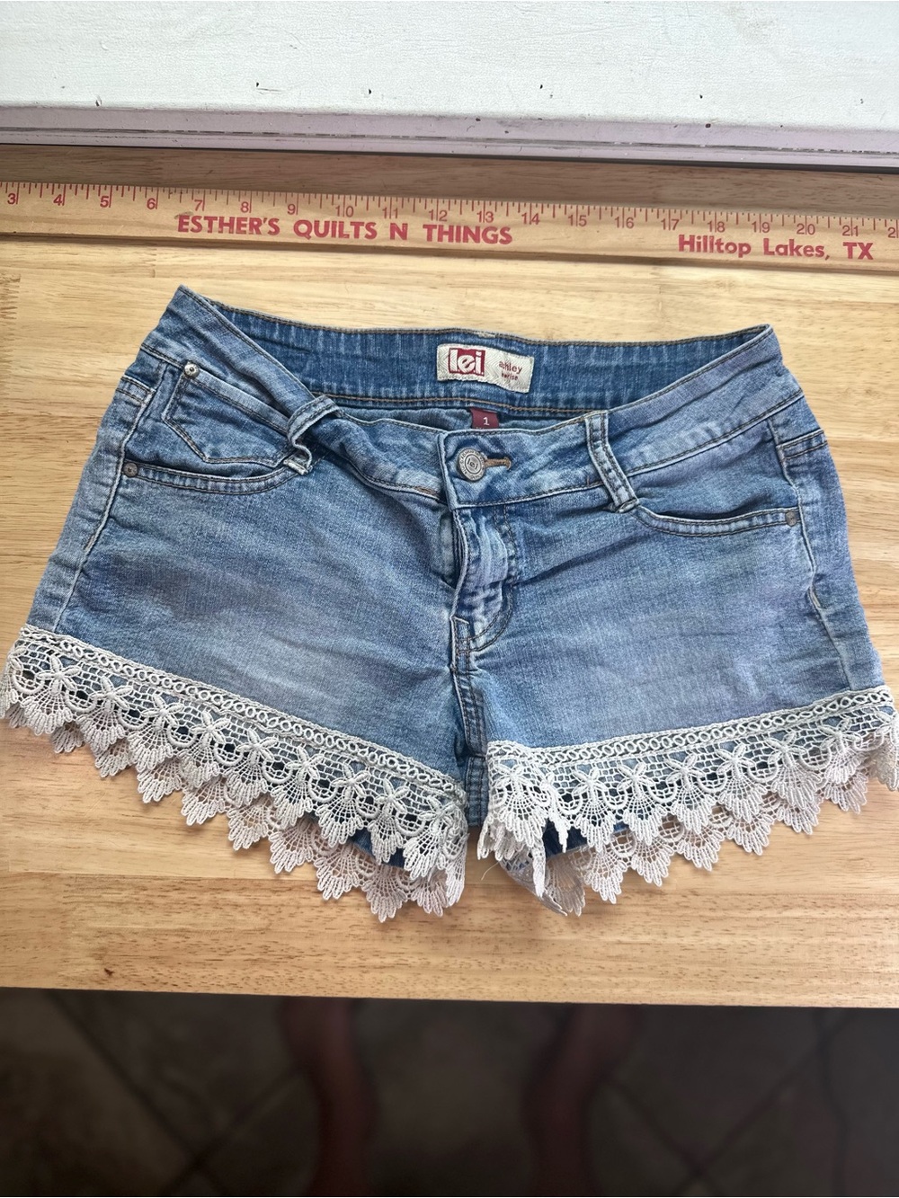lei Light Blue Denim Shorts with White crochet Lace Hem Ashly low rise boho